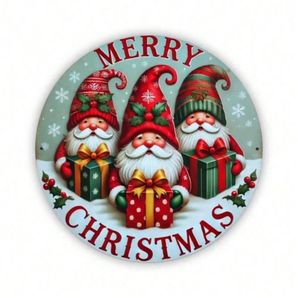 3D Christmas Gnomes Round Metal Wall Sign, Rustproof Waterproof Home Decor Art for Living Room Bedroom Kitchen Bathroom