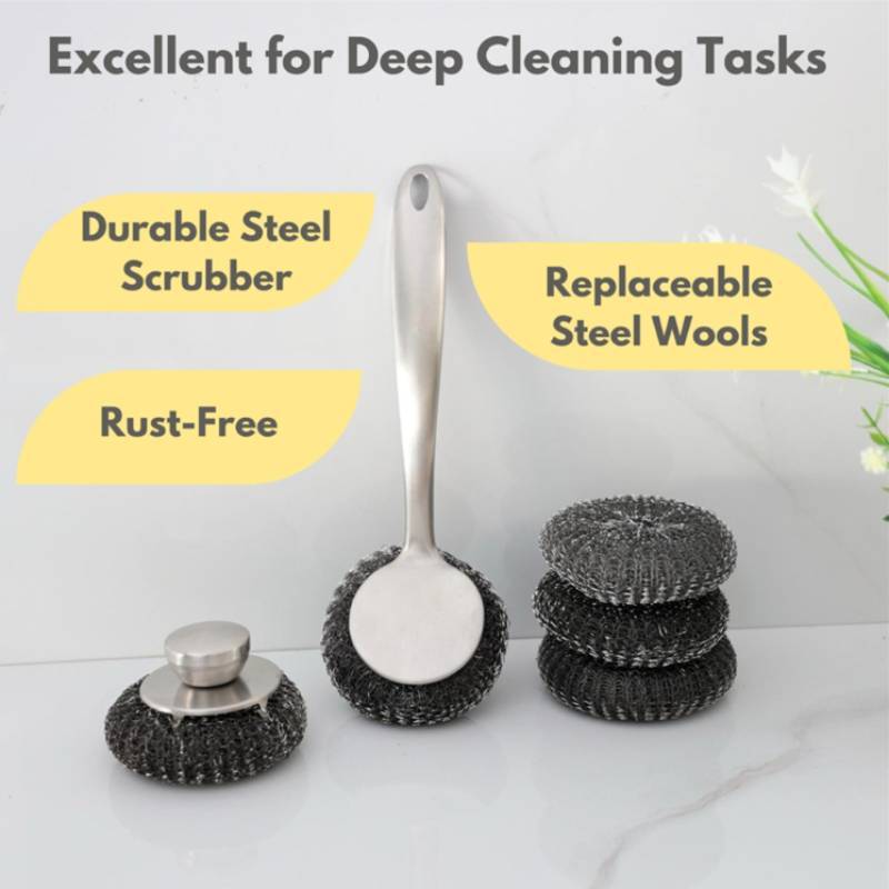 Stainless Steel Wire Scrubber With Handle For Kitchenware And Metal Dishes Deep Cleaning