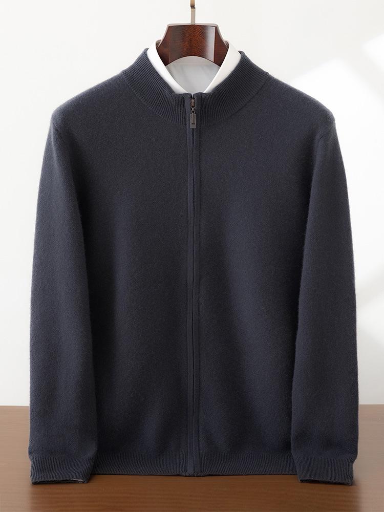 Men's Cashmere Zipper Knit Cardigan - Half-High Collar, Solid Color, Long Sleeve, Versatile Autumn/Winter Sweater.