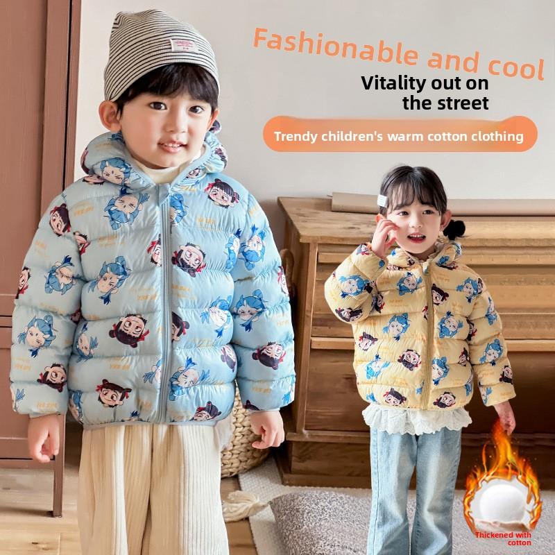 

boy s and Girls warm cotton-padded clothes winter baby girl thickened short cotton-padded hooded jacket children s autumn cute cartoon print coats 140cm темно-синього кольору