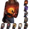 Women's Casual Long Sleeve Ribbed Top Halloween Print Crew Neck Slim Fit Stretchy Knit Shirt for Fall and Winter