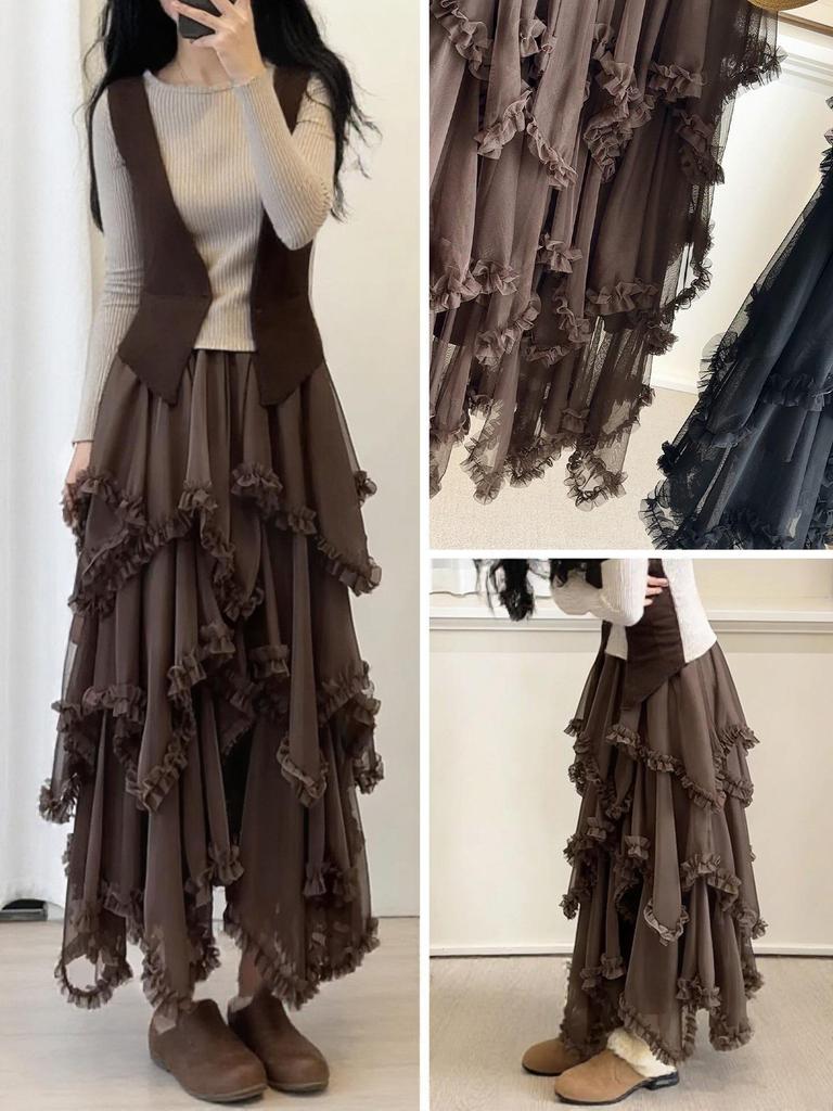 Women's Designer Irregular A-line Ruffled Mesh Skirt - Spring/Summer Collection