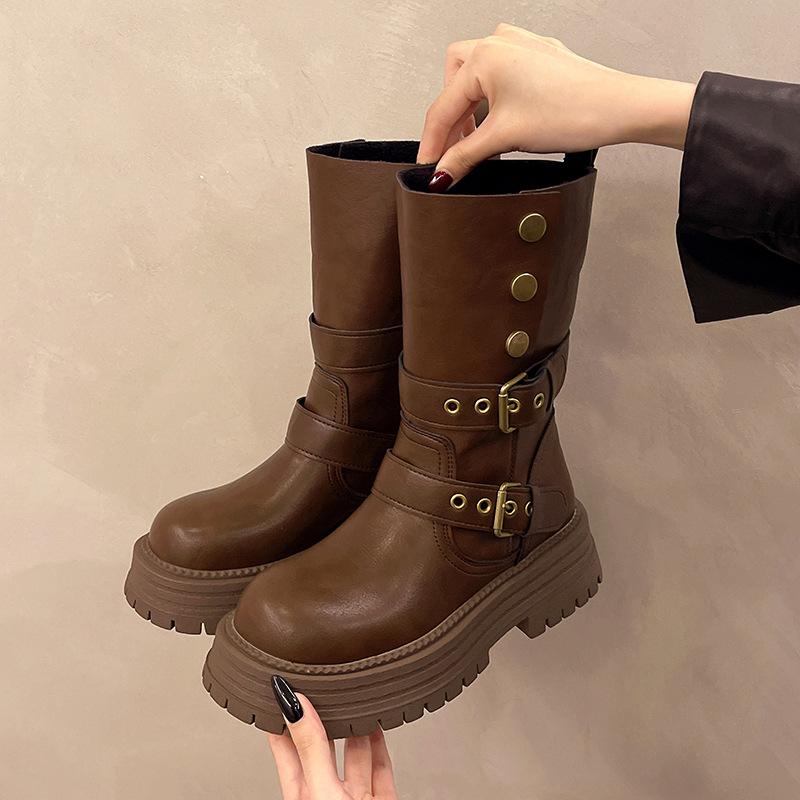 

Faux leather boots women s 2025 autumn and winter new two-wear folded knee-high Martin boots British slim motorcycle boots 40 коричневый