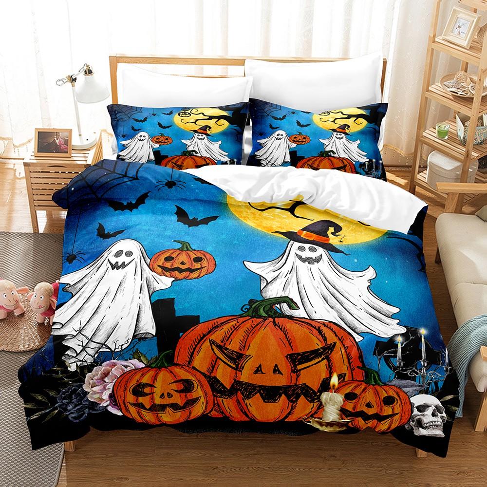 Halloween Sängkläder Set Sött Tecknat Vitt Spökmönster Sängkläder Set Sovrumsdekor för Barn Halloween-presenter Halloween-dekorationer