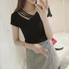 Summer Korean Version Slimming Short Sleeved Solid Color Base Shirt V-neck Shoulder Slip T-shirt Fashion Women's Clothing