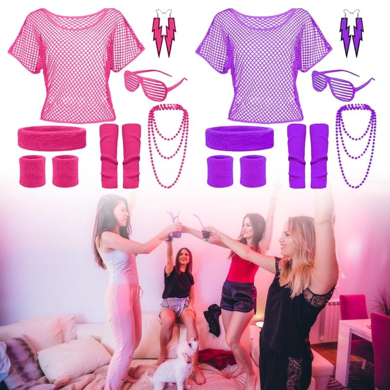 80er Jahre Kostümzubehör Stirnband Ohrring Netzshirt Halskette Armband für 80er Jahre Retro Party Dekorationen