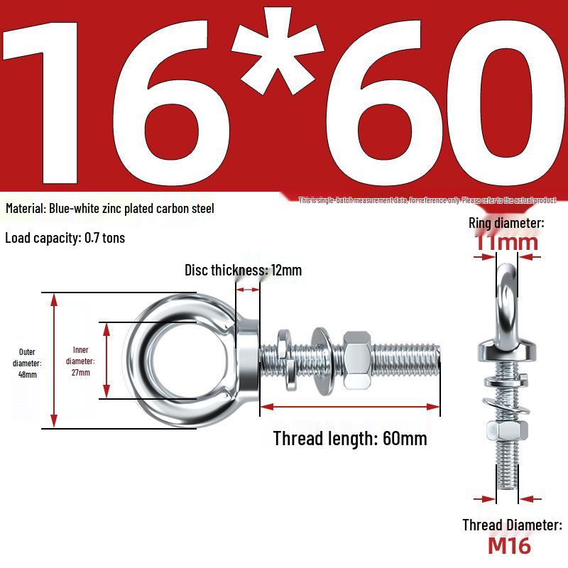 Marine Grade Zinc-Plated Hardened Carbon Steel Lifting Eye Bolt with Nut, Round Ring, Extended Thread, M6 M8 M20