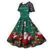 Retro Hepburn Style Christmas Print Lace Patchwork 50s Dress