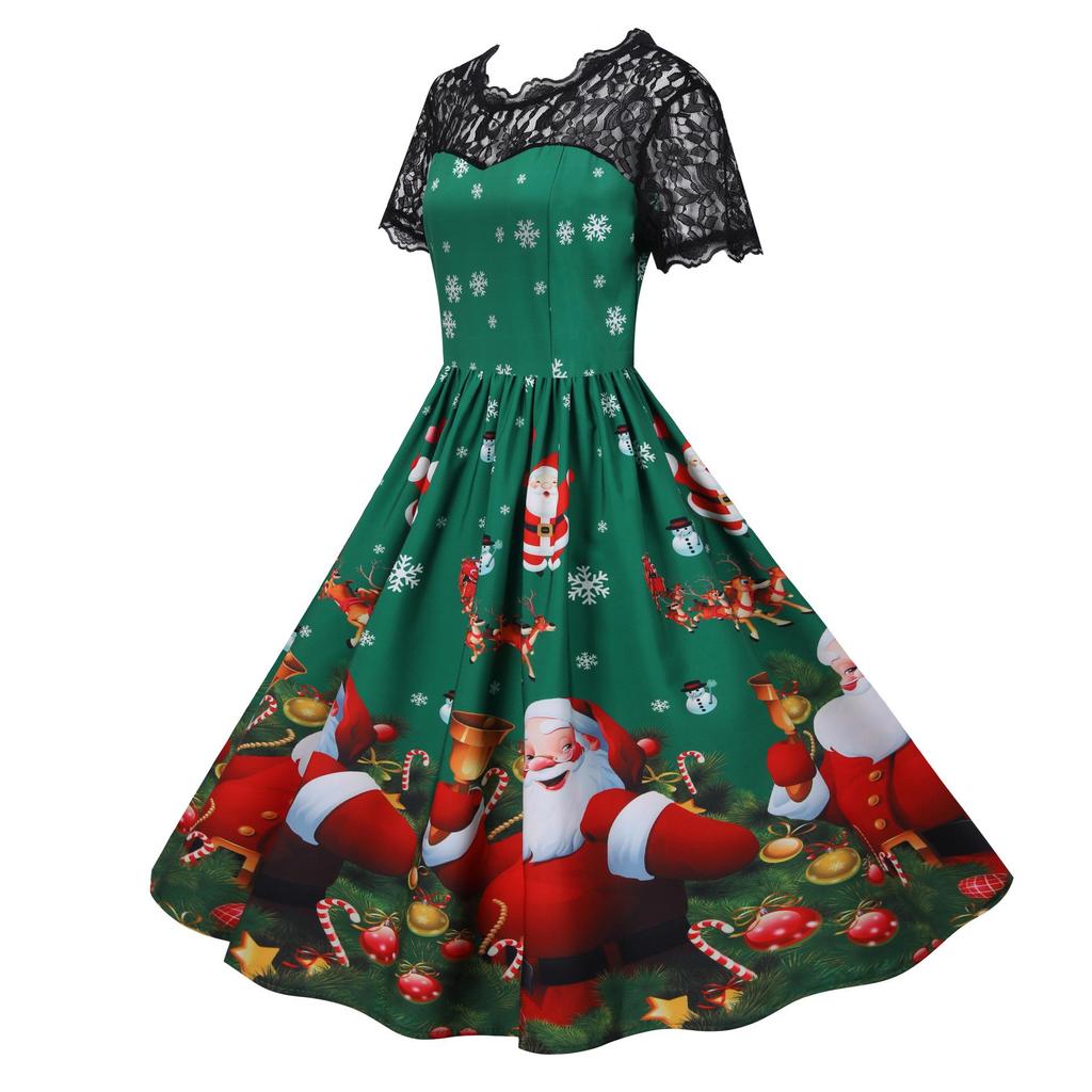 Retro Hepburn Style Christmas Print Lace Patchwork 50s Dress