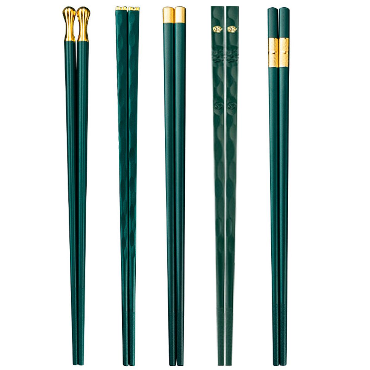 

5Pairs Green Non-slip Chopsticks Set Korean Food Sushi Sticks Chopsticks Japanese Alloy Serving Chopsticks For Hotel Restaurant