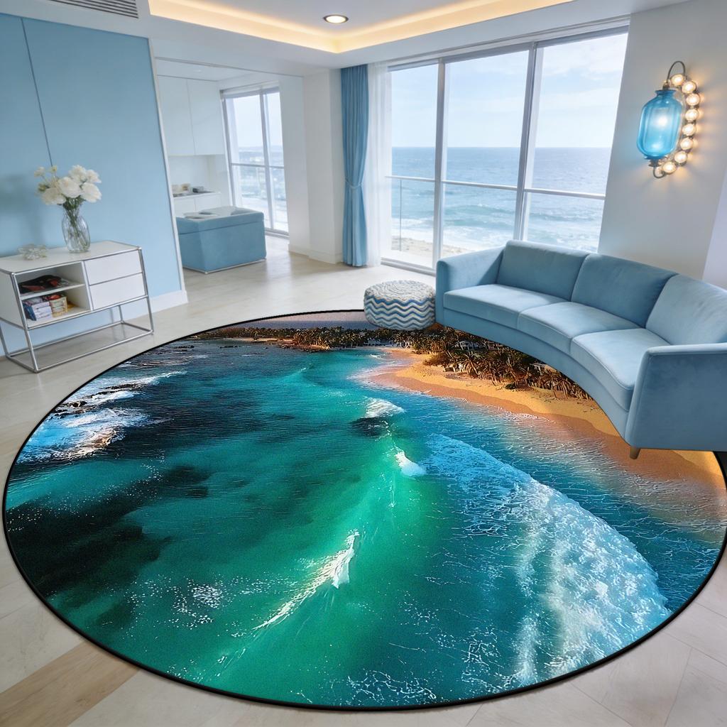 Immersive Wave Beach Round Carpet for Living Room Decoration Terrace Courtyard Antiskid Rug Easy Clean Fluffy Mat for Children