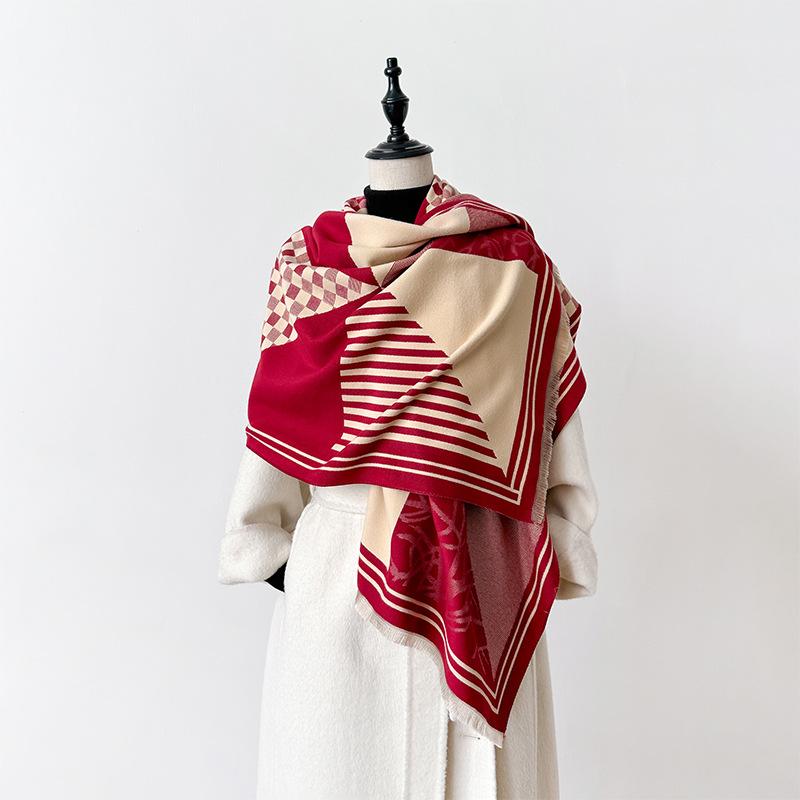 imitation cashmere scarf retro style plaid texture contrasting color double-sided personalized high-grade warm shawl