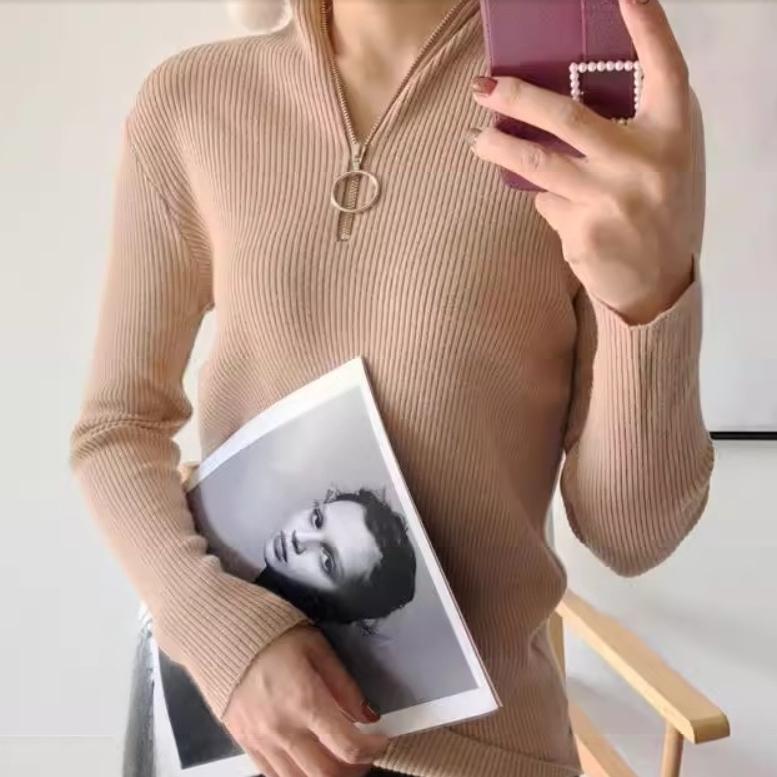 Spring Autumn Knitted Half Turtleneck Long Sleeve Slim Jumper Tops Women Sweater Pullover Solid Zipper Ladies Casual Sweaters