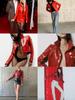 Burgundy Classic French Niche Shiny PU Leather Silhouette Lapel Jacket