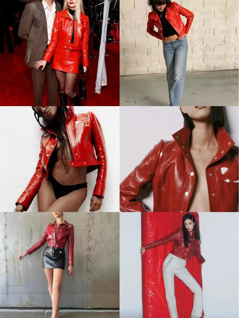 Burgundská klasická francouzská niková lesklá PU kůže silueta klopová bunda