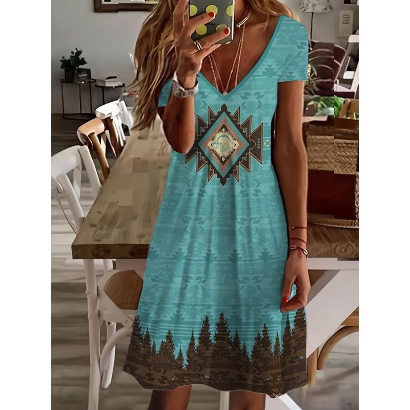 Women s Western ethnic retro print dress V-neck short-sleeved dress for women S
