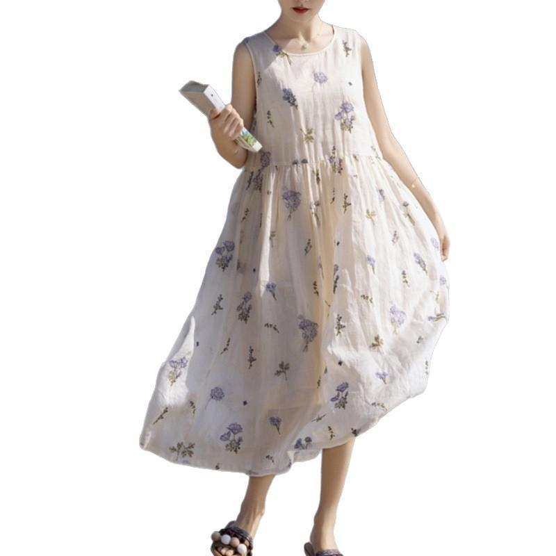 2025 summer new full-length heavy industry embroidery waist thin white fairy robe dress vest long dress