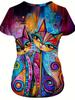 Vibrant Psychedelic Cat Women's Tee - Colorful Patterned Duo Graphic, Bold Boho Art Print Design for Casual Daily Wear