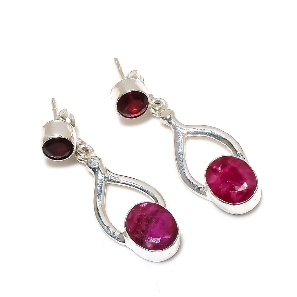 Beautiful Kashmir Ruby, Red Garnet Gemstone Earrings, 925 Sterling Silver Earring, Handmade Boho Silver Jewelry Dangle Earrings, Easter Gifts
