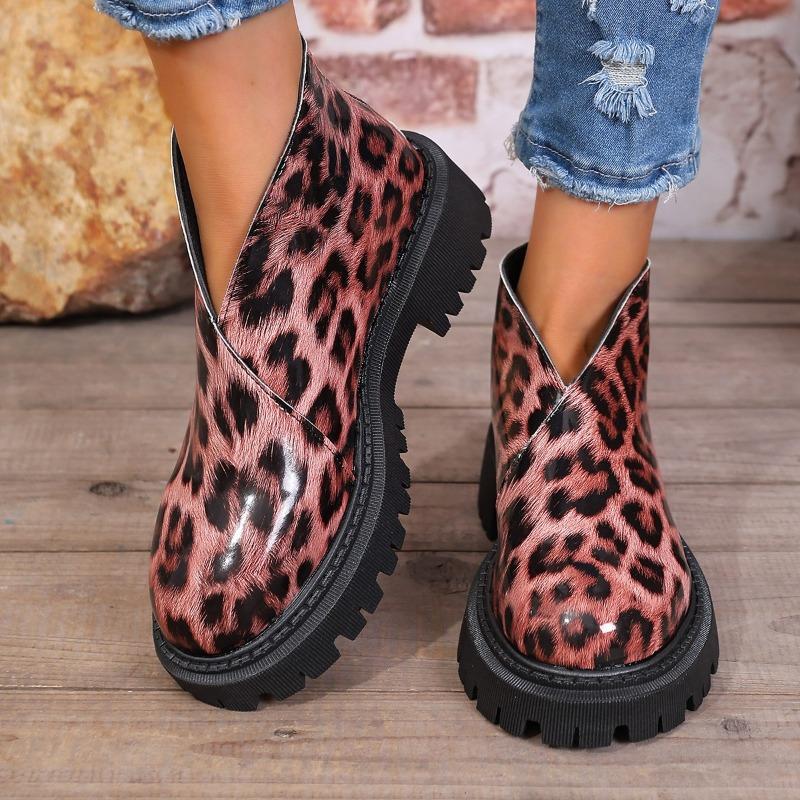 Leopard Print Thick Heel Single Boot Fashion Round Toe Deep Mouth Platform Sole Non-slip Wear-resistant Women's Shoes