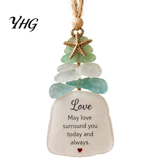 Lightweight Christmas Decorations Sea Glass Tree Ornament, Seaglass Art Hanging Decor with Starfish Charm, Holiday Keepsake Decoration Peace Love Joy