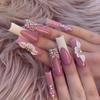 24Pcs Long Square Press On Nails Leopard Print French 3D Cherry Design False Nail Rhinestone Wearable Full Cover Fake Nails Tips