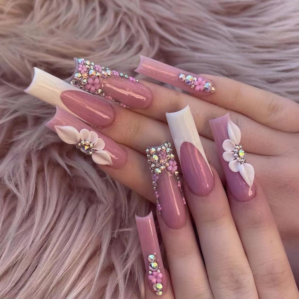 24Pcs Long Square Press On Nails Leopard Print French 3D Cherry Design False Nail Rhinestone Wearable Full Cover Fake Nails Tips