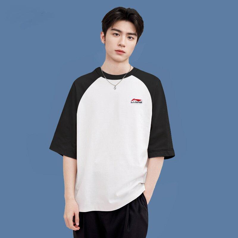 Li-Ning Color Block Outdoor Casual Crew Neck Pullover Short Sleeve Raglan T-Shirt Unisex T-Shirt Black White YHSU169-1