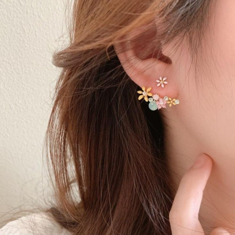 Korean Style Oil Floral Stud Earrings 925 Silver Needle Flower Design Drop Earrings Daily