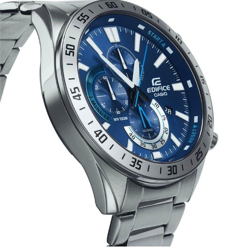 Casio Edifice Chronograph Analog Blue Dial Stainless Steel Band Made of stainless Men's EFV-620D-2AVUDF. steel. Classic.