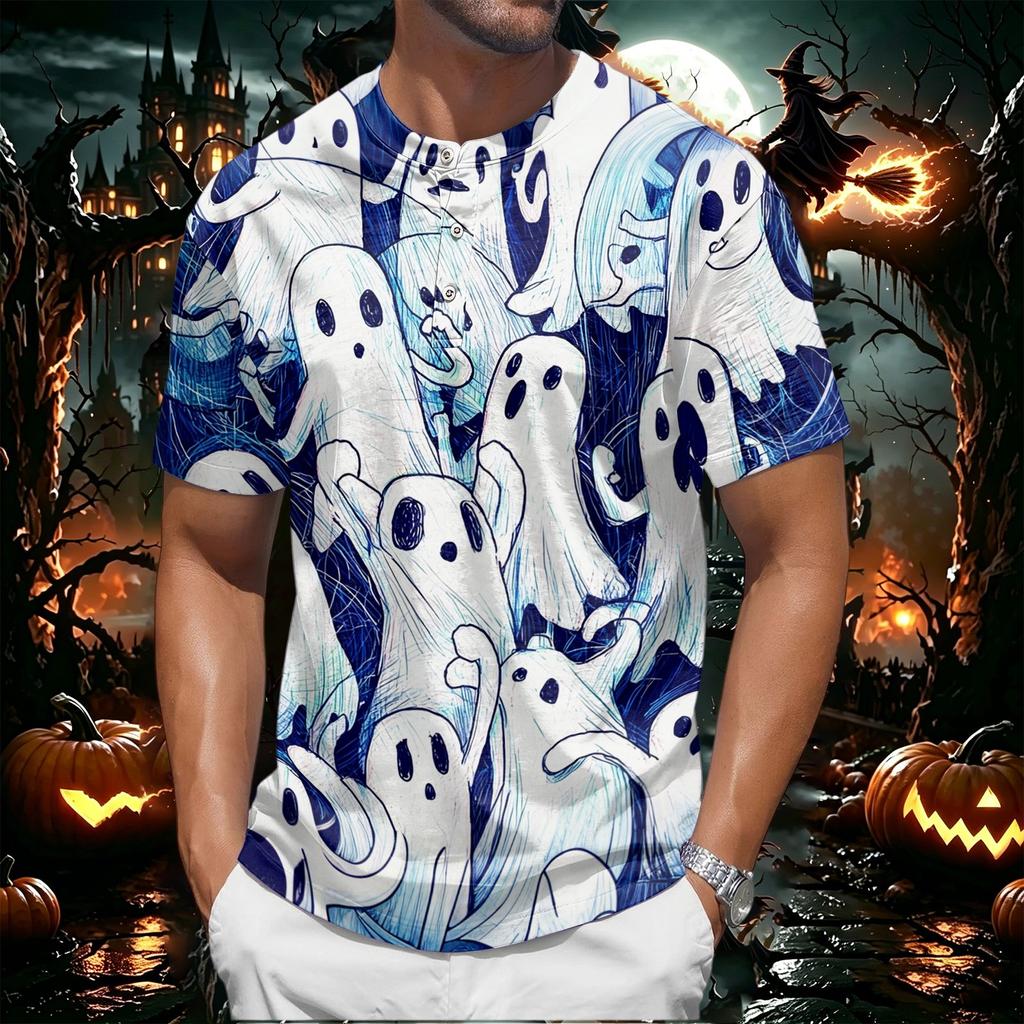 Men's Halloween Print Short Sleeve Henley Shirt Casual Round Neck Button Front Top for Seasonal Festive Wear