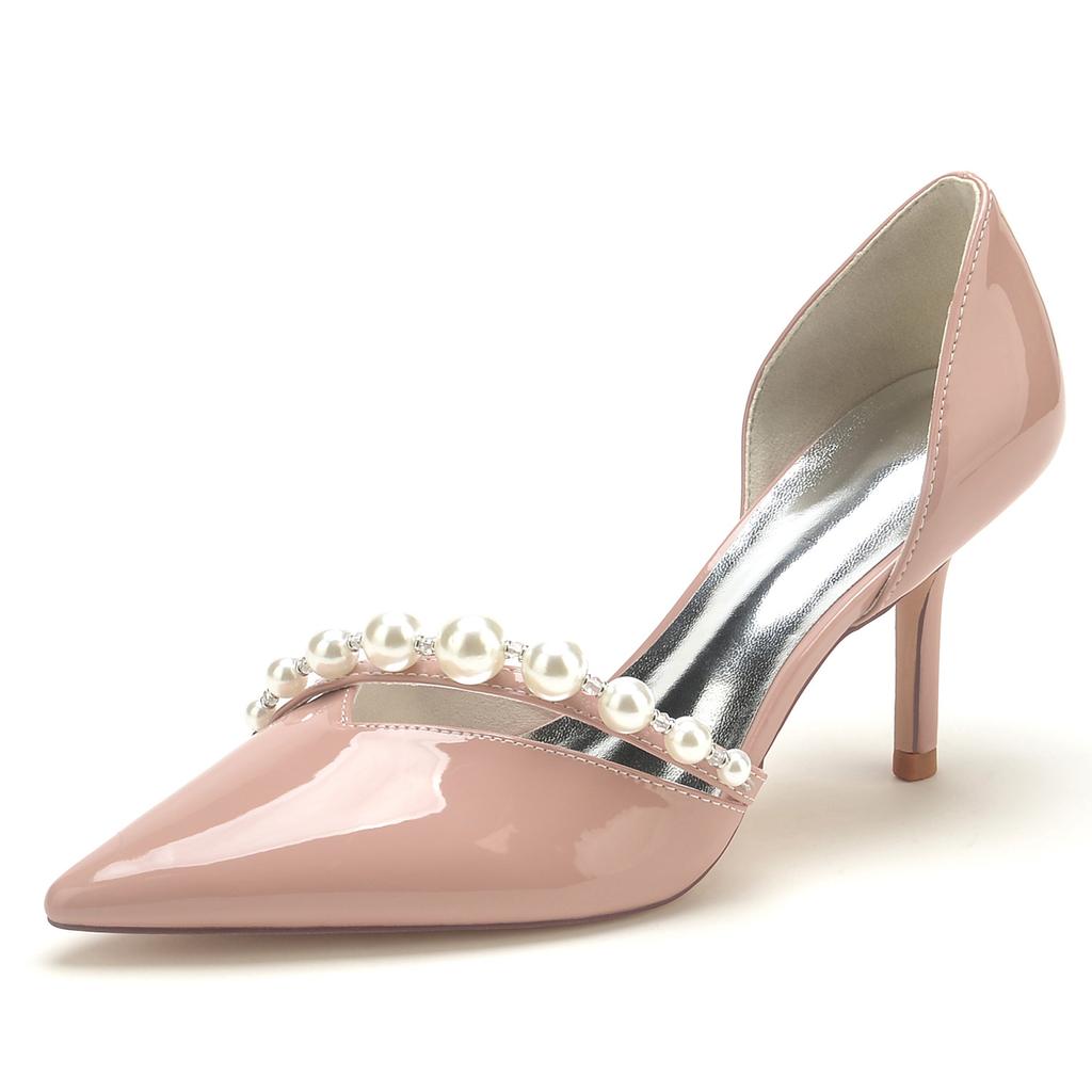Naked Patent Leather, High Heel, Light Mouth, Pointed Tip, Thin Heel, Pearl Word with Large Size.