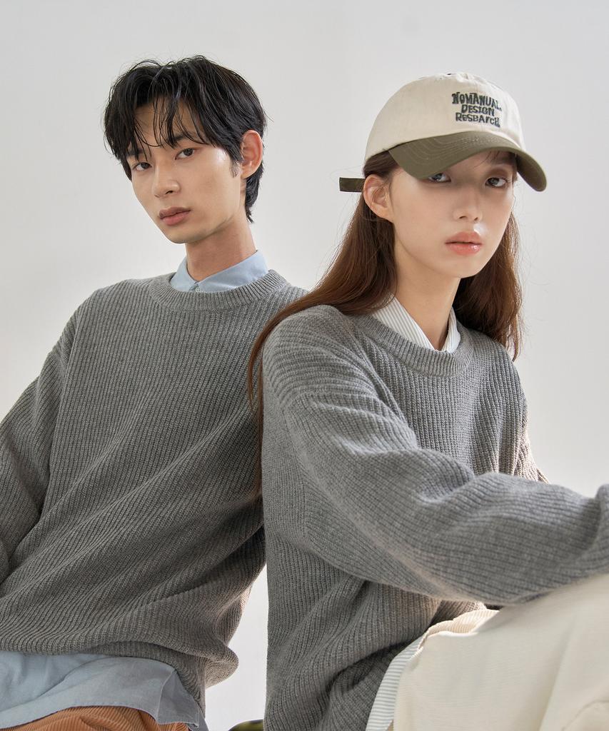 BASIC HOUSE Uni Ribbed Semi-Overfit Round Neck Knit Melange Grey Lwkt7103