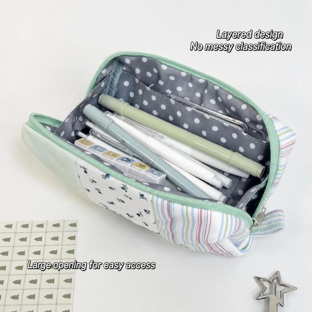 Floral Plaid Splicing Pen Bag Large Capacity Stationery Pouch Portable Pencil Case School Supplies