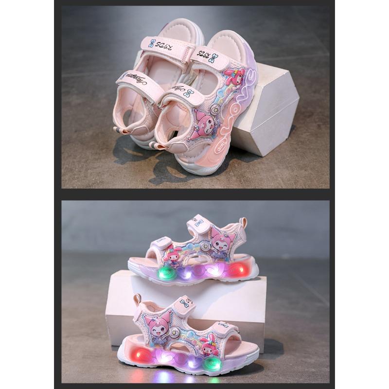 New summer girls princess sandals, kids hook & loop luminous beach shoes