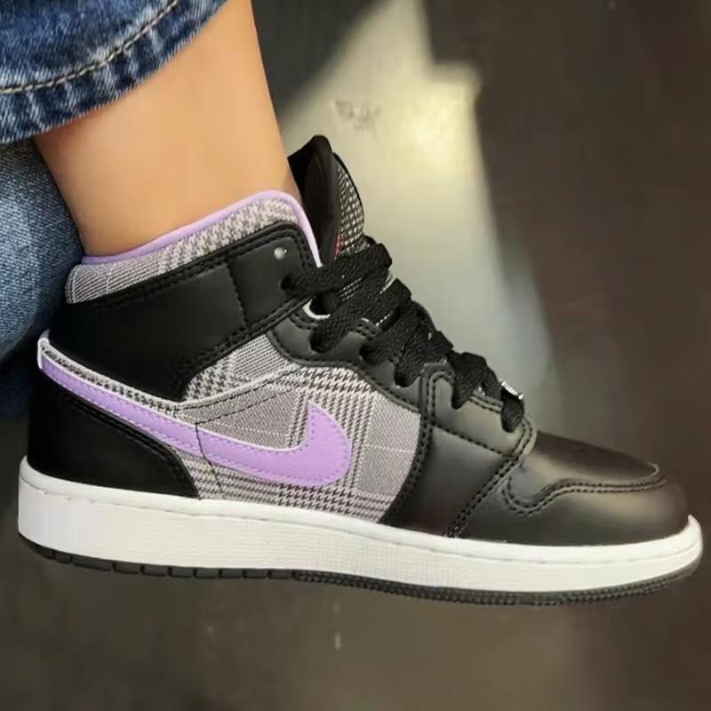 Air Jordan 1 Mid SE GS Houndstooth Kids Sneakers Black Lilac White DC7226-015