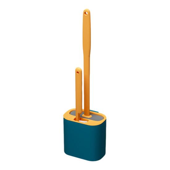 Silicone Toilet Brush Set with L-Shaped Head Long Non-Slip Handles Wall Mounted Holder Compact Bowl Cleaner Brush