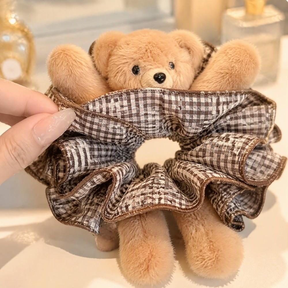 High Elasticity Plush Bear Scrunchies Cute Hair Rope Gift Plaid Ponytail Holder Daily