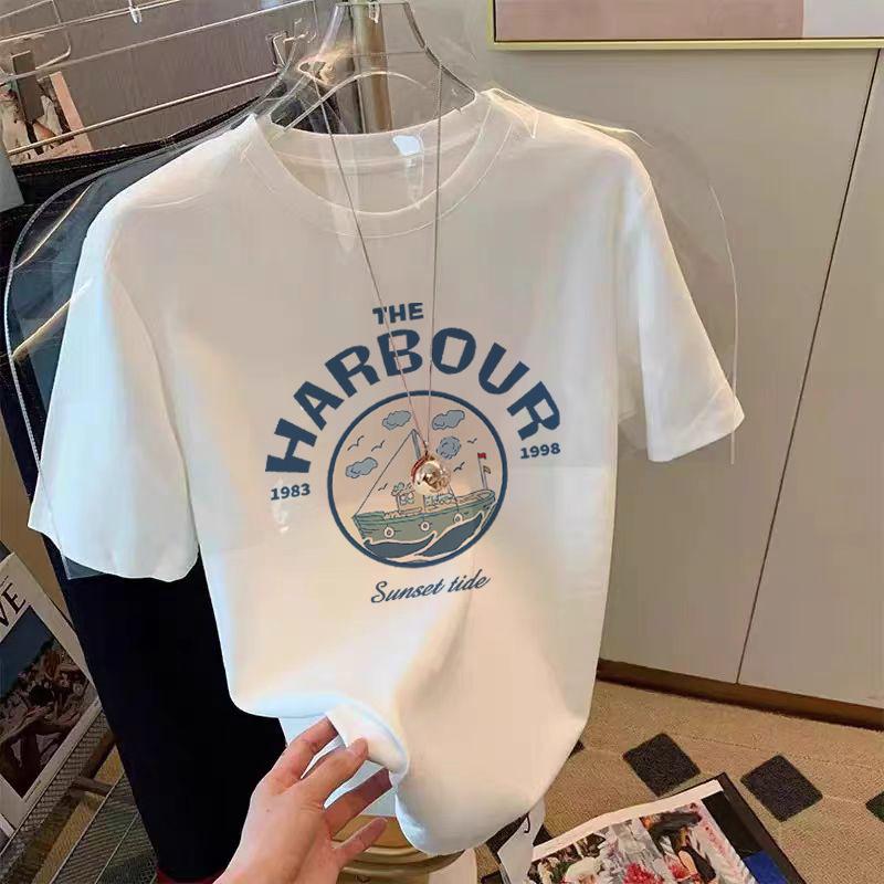 Weißes Baumwoll-Kurzarm-T-Shirt Damen Sommer Neu Ausländischer Stil Schönes Shirt Cartoon-Druck Vorderseite Schulter T-Shirt Top