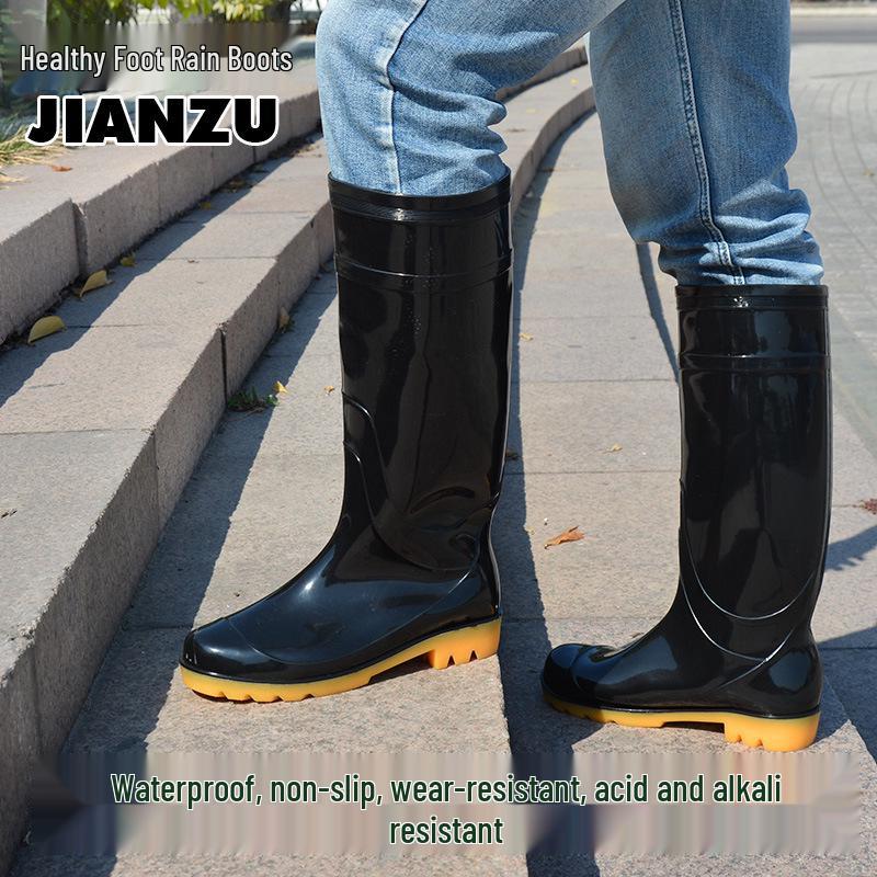 Men's Black Non-Slip Wear-Resistant High-Top Construction Rubber Rain Boots