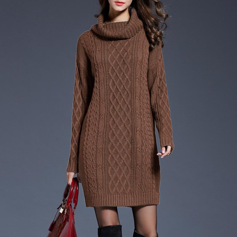 Autumn and Winter Women Casual Knitted Long Sleeve Winter Dresses Sweater Solid Knee Length Loose Fat Female Dresses