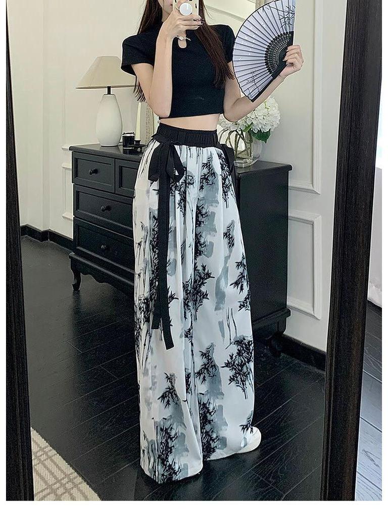 Women's Summer Ink Wash Tie-Dye Ice Silk Wide-Leg Pants with Sashes