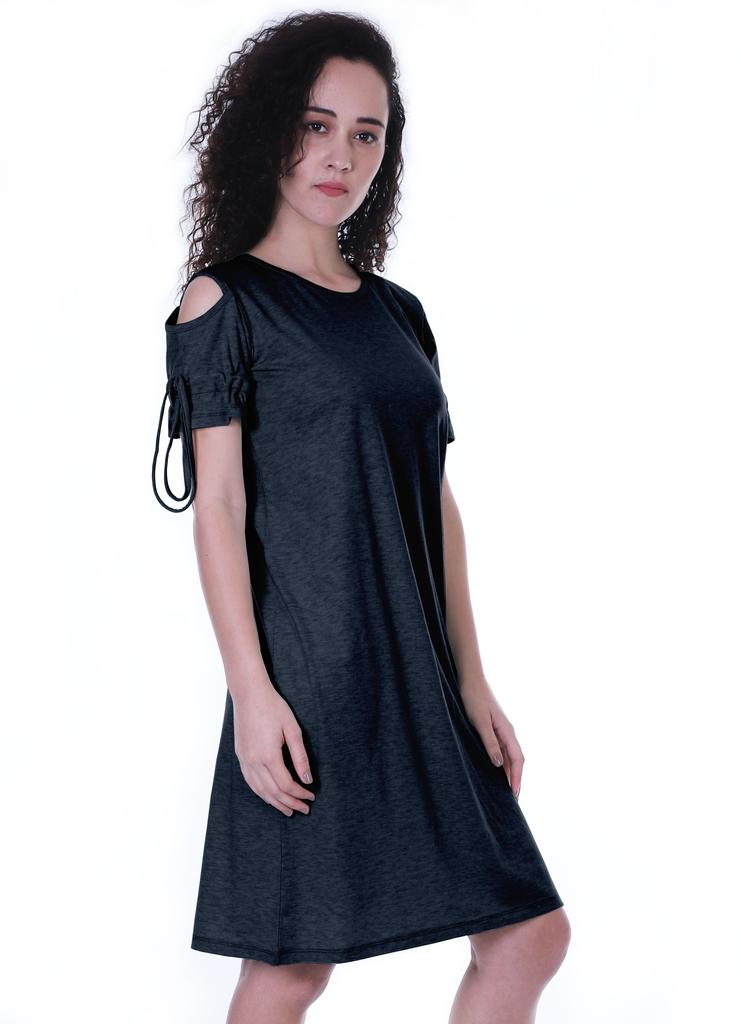 Moomaya Cold Shoulder T-shirt Dress Round Neck Casual Knee Length Summer Dresses For