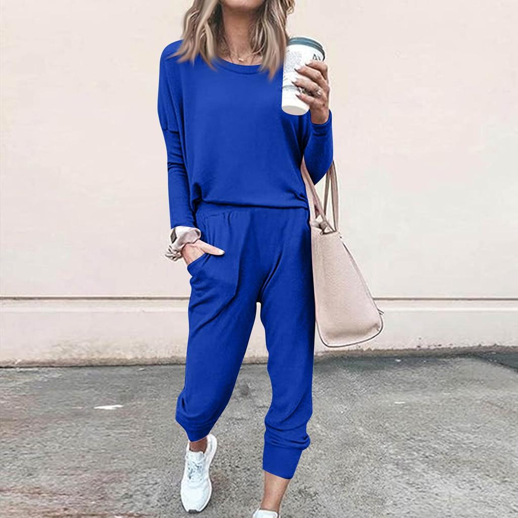 Sets For Women 2 Piece Round Neck Long Sleeve Shirts Colid Sweatpants Pocket Sets