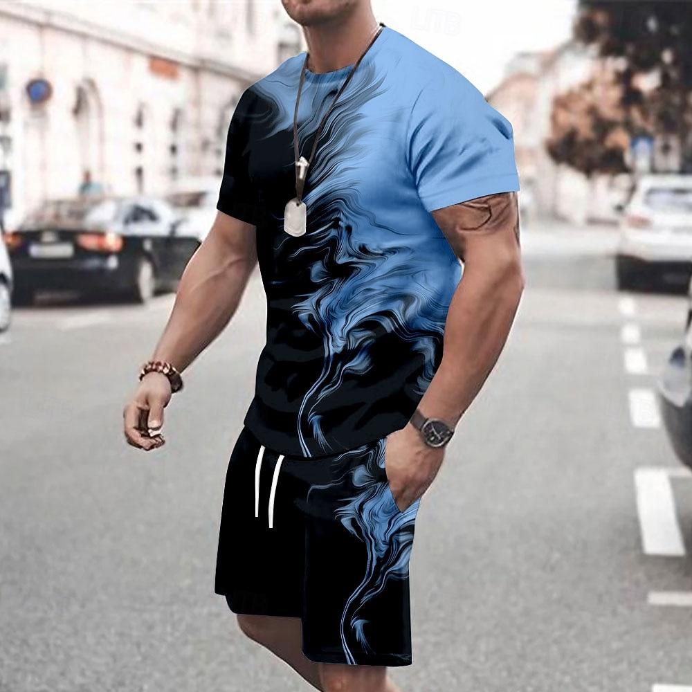 Men's splatter 2pcs Tees Summer Tops Short Sleeve Short Pants Crew Neck Sport sets