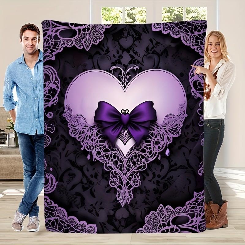

Purple heart-shaped butterfly pattern Flannel printed blanket suitable for all seasons for living room office sofa and travel 75x90cm