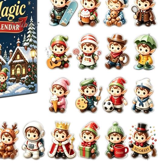 2D Acrylic Christmas Ornaments Magic Elf Advent Calendar, 24 Day Ornament Set with Desktop Festive Holiday Decor Cute Mini Figures, Tree Hanging
