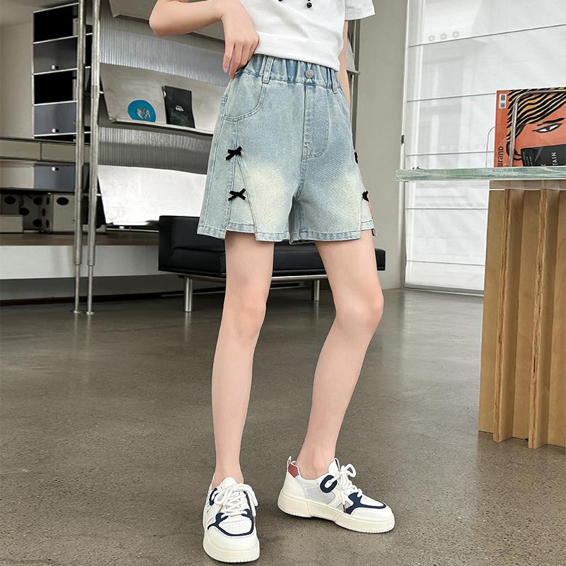 Girls Summer Bow Denim Shorts Fashion Versatile Jeans Casual Sports Shorts 5-15 Years Old