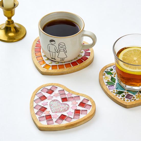 Yousheng 1 Set DIY Mosaic Tile Coaster Set Mixed Color Mosaic Kit with Wooden Coaster Kids Adults Handmade Mosaic Crafts Coaster with Accessories