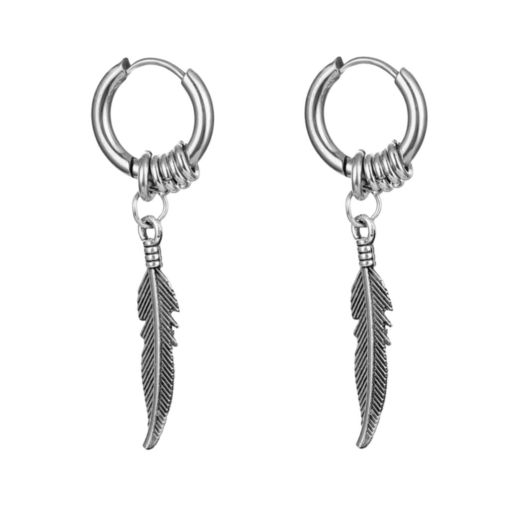 1Pair Leaf Feather Black Stainless Steel Piercing Hoop Earring for Male Women Punk Vintage Jewelry Y2K Accessories Trend Unusual